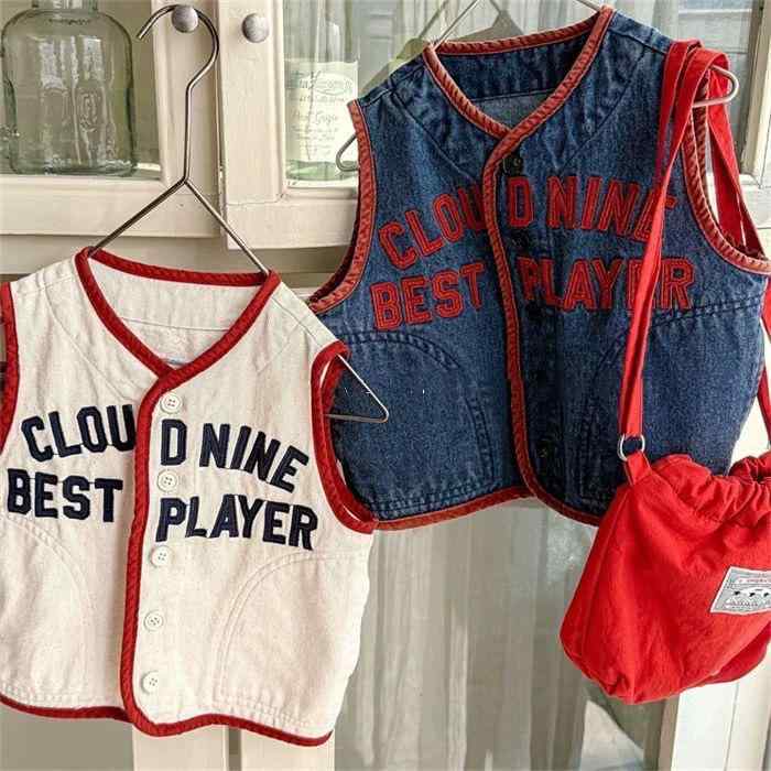 子供服 ベスト デニム 春秋 男女兼用 キッズ おしゃれ 配色 刺繡 アルファベット コットン アウター カジュアル