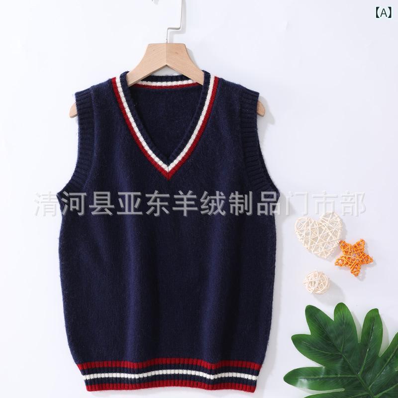 子供服 ベスト ウール セーター ニット ピュアウール 100% Vネック プルオーバー 厚手 チョッキ 学院風 男の子 女の子 100cm 110cm 120cm 130cm 140cm 150cm 160cm 紺色 カーキ色 防寒 秋冬