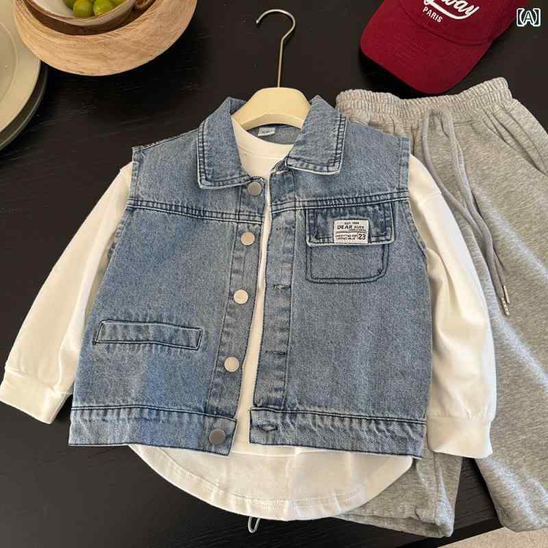 Vests - 子供服 ベスト 男の子 デニム 韓国風 春秋 トップス ボーイズ ベビー キッズ 子供 柔らかい 綿100% おしゃれ デイリー 普段使い