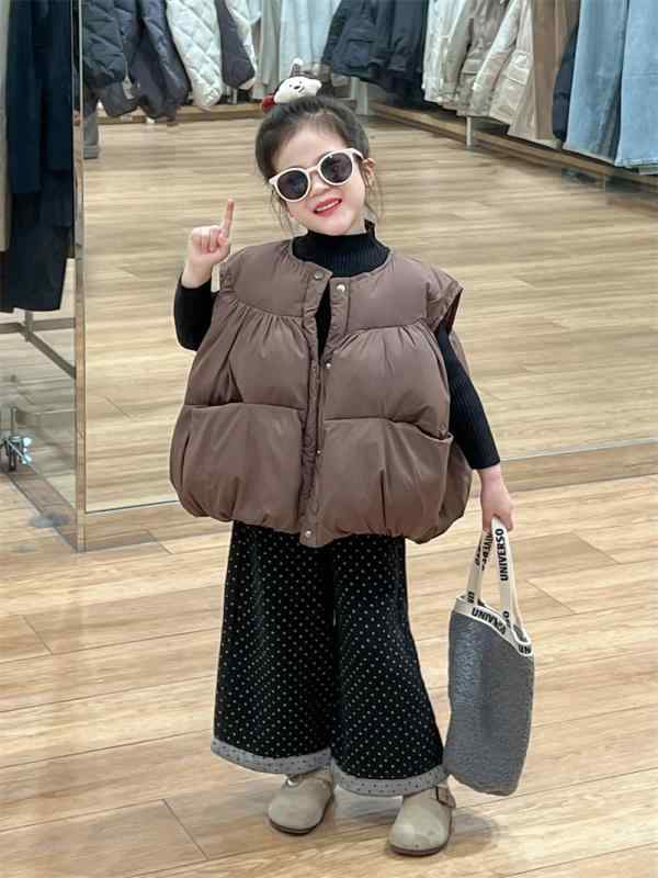 子供服 ベスト 女の子 秋冬 小学生 向け 中綿 防寒 チョッキ かわいい 韓国 版 ゆったり 厚手 暖かい 襟巻き 付き ブラウン 無地 ガールズ ファッション アウター ウェア