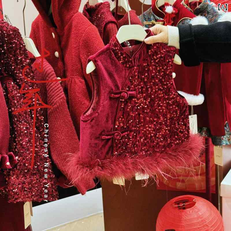Vests - 子供用ベスト 春秋 冬季 中華風 ジャケット 女の子 ベビー服 チャイナドレス タンクトップ 赤色 お正月 記念日 写真撮影