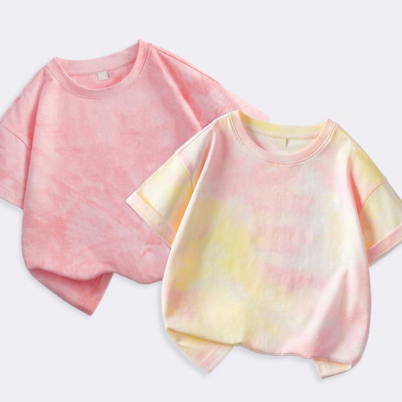 子供服 Tシャツ 半袖 男女兼用 グラデーション 染め 綿100% かわいい 普段使い 春夏 秋 中小儿童 カットソー トップス