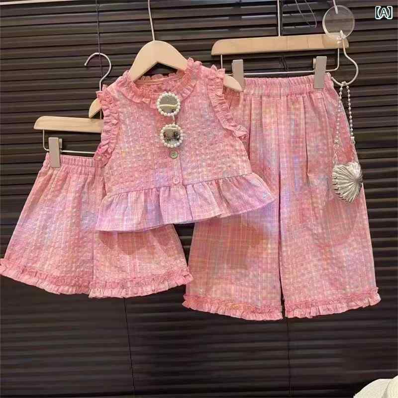 シャドーテールのキッズ 女の子 セットアップ 上下セット 格子柄 トップス パンツ 綿 春夏 秋冬 普段使い 部屋着｜アングル2