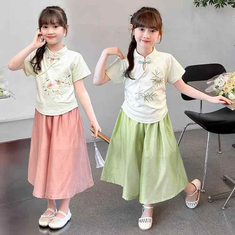 子供服 女の子 夏服 セットアップ 中華風 半袖 トップス パンツ 2点 上下セット ガールズ かわいい 普段着 部屋着 お出かけ 100 110 120 130 140 150 160 グリーン ピンク系