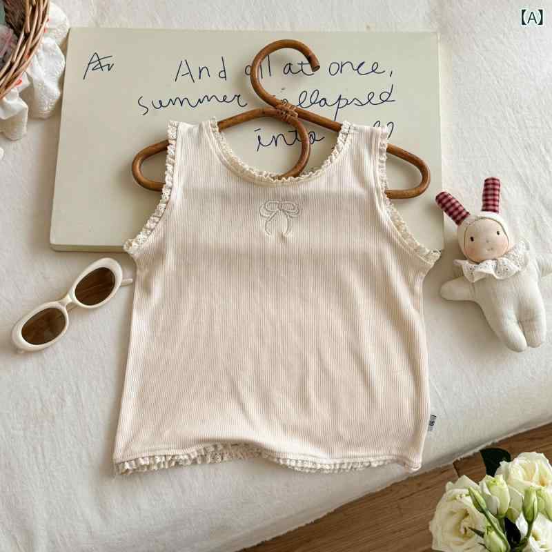 子供服 女の子 小背心 タンクトップ かわいい 刺繍 フリル 縁取り 夏服 コットン 1...