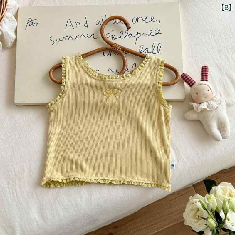 子供服 女の子 小背心 タンクトップ かわいい 刺繍 フリル 縁取り 夏服 コットン 1...