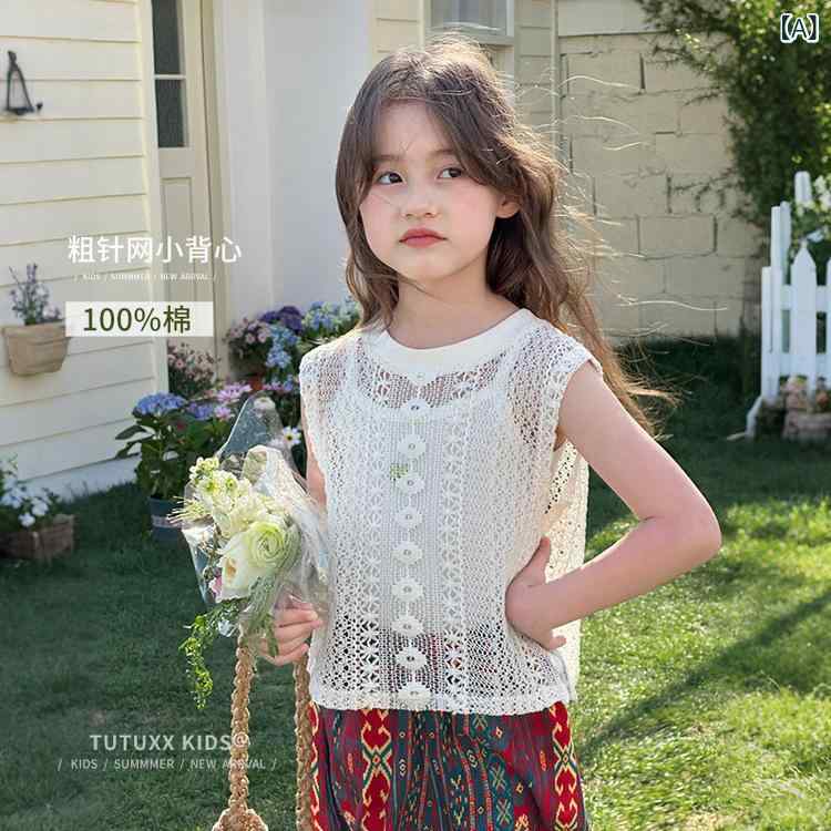 シャドーテールの子供服 女の子用 タンクトップ レース ノースリーブ コットン トップス インナーシャツ かわいい 杏色 白色 夏 140 150 160 170｜アングル2