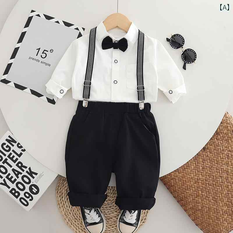 シャドーテールのキッズ 男の子 セットアップ 長袖シャツ サロペット 2点セット 綿 春秋 幼児 普段着 おしゃれ着 かわいい 無地 白 紺｜アングル2