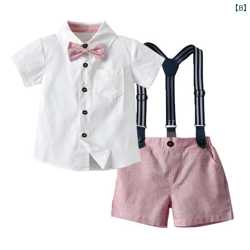 キッズ 男の子用 半袖シャツ ショートパンツ 上下セット コットン 背広風 フォーマル かわいい 結婚式 発表会 普段使い 3