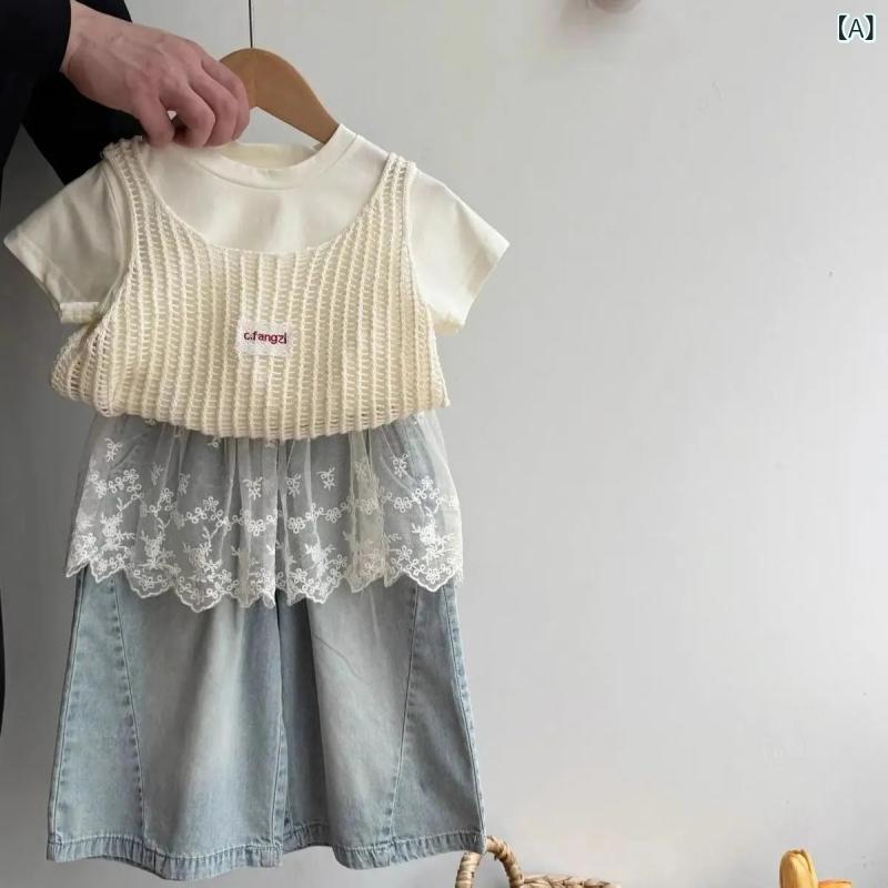 子供服 女の子 夏物 セットアップ 半袖トップス キャミソール レース デニムパンツ...