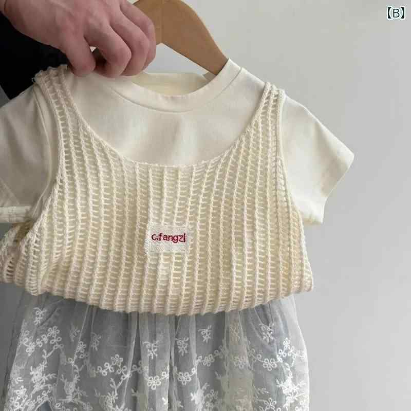 子供服 女の子 夏物 セットアップ 半袖トップス キャミソール レース デニムパンツ...