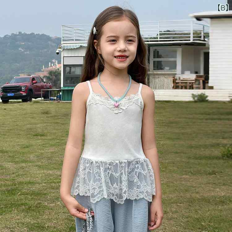 子供用タンクトップ 女の子 レース 花柄 コットン かわいい ノースリーブ トップス...