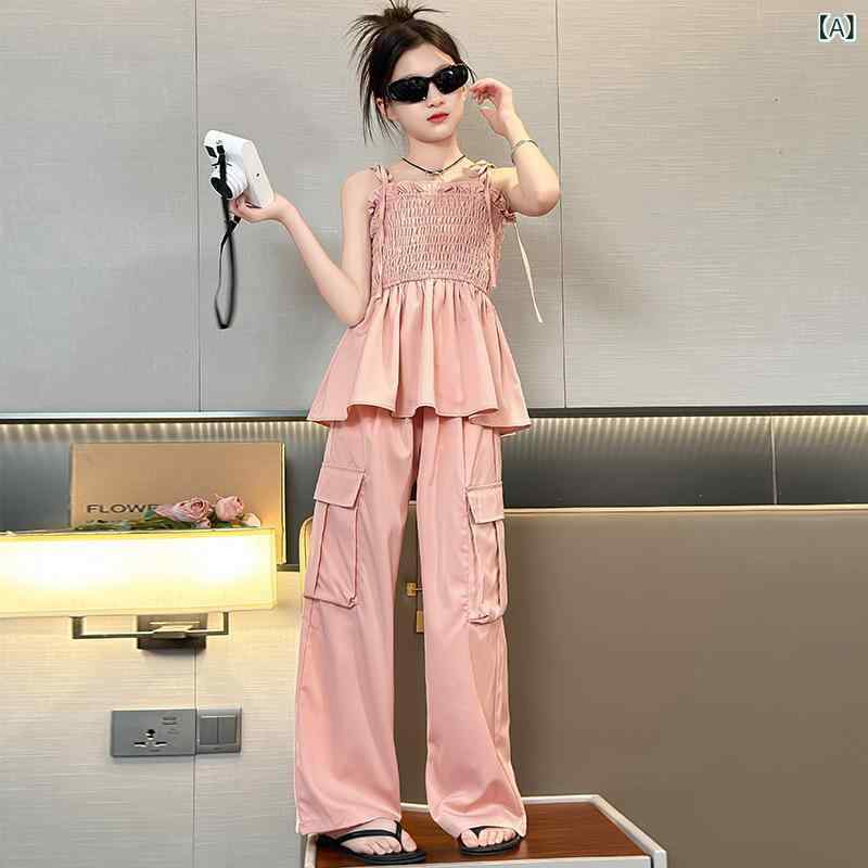 子供服 女の子 キャミソールセットアップ 春夏 薄手 トップス ワークパンツ 2点セ...