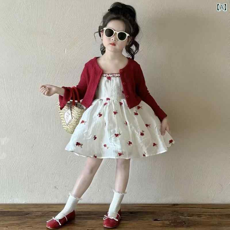 ワンピース キッズ 春夏 女の子 ニット カーディガン 花柄 吊りスカート セット 子供服 プリンセススタ..