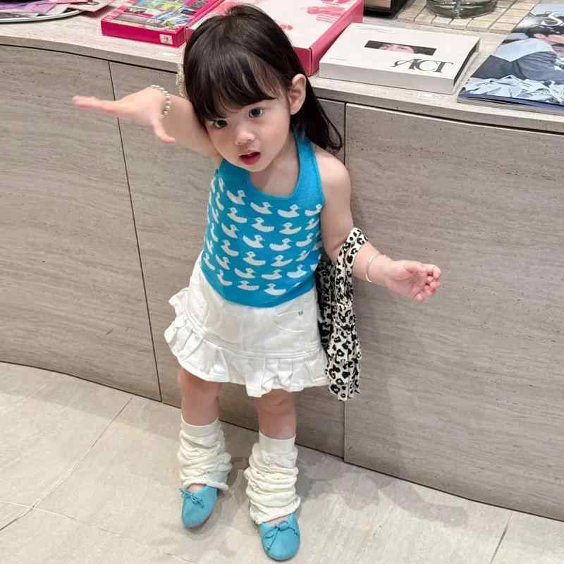 子供服 背心 ガールズ かわいい プリント コットン ノースリーブ トップス 8歳以上 140cm以上 夏 ブルー