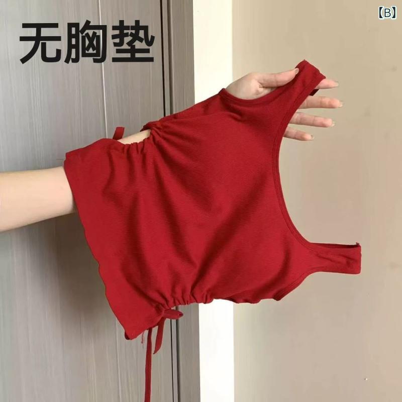 子供服 ガールズ タンクトップ へそ出し ショート丈 デザイン トップス 女の子 キッズ キャミソール 伸縮性 スポーツ 普段使い ブラック レッド系 綿