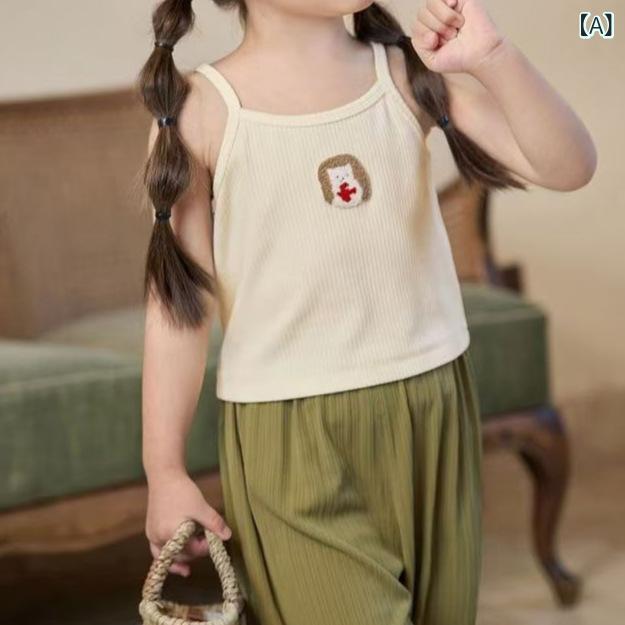 子供用タンクトップ 女の子 夏服 キャミソール かわいい刺繡入り 韓国子供服 おしゃれ ベビー服 インナー トップス 普段着 公園着 2