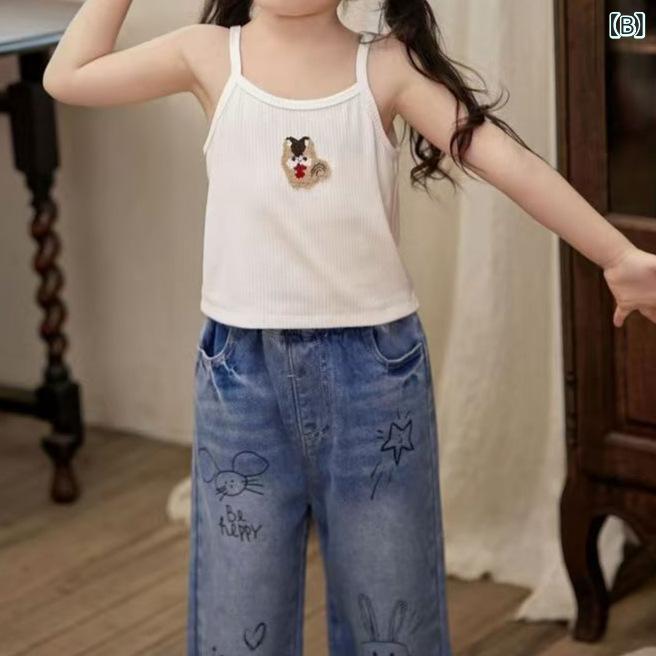 子供用タンクトップ 女の子 夏服 キャミソール かわいい刺繡入り 韓国子供服 おしゃれ ベビー服 インナー トップス 普段着 公園着 3