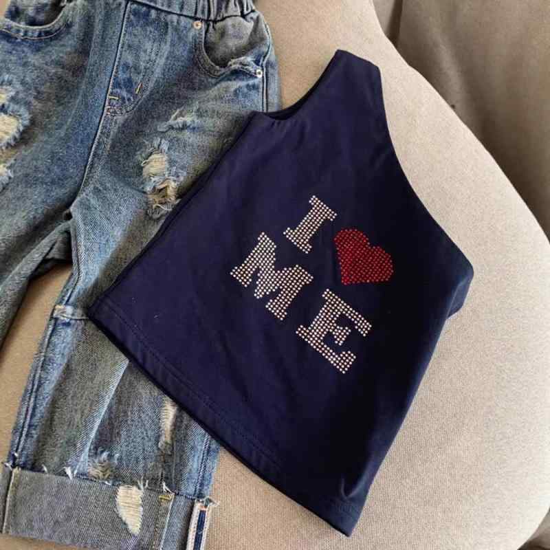 子供用タンクトップ 女の子 夏服 愛 ハート アルファベット ラインストーン 韓国風 ベビー服 かわいい ..