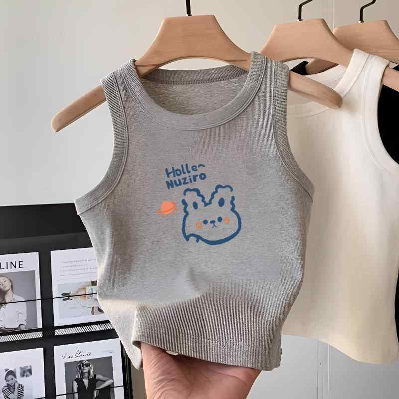 Tシャツ キッズ 女の子 ノースリーブ 子供服 コットン グレー 無地 プリント かわいい カジュアル トッ..