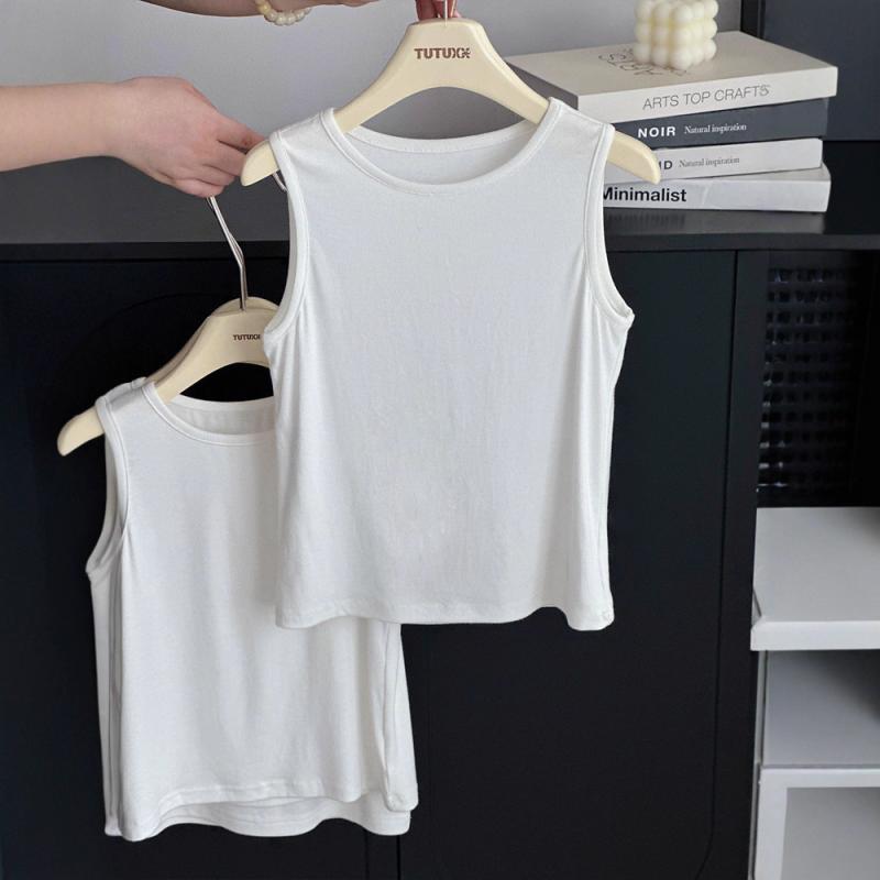 子供服 女の子用 タンクトップ ノースリーブ トップス 無地 伸縮性 通気性 柔らかい かわいい 夏 米白色
