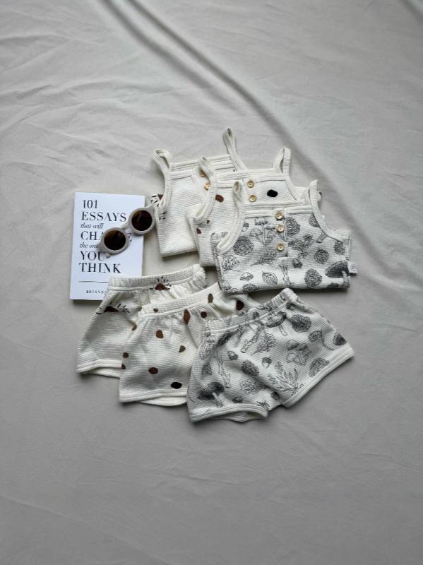 ベビー服 上下セット パジャマ 夏 北欧風 ワッフル コットン ノースリーブ 短パン 幼児 プリント 薄手 ..