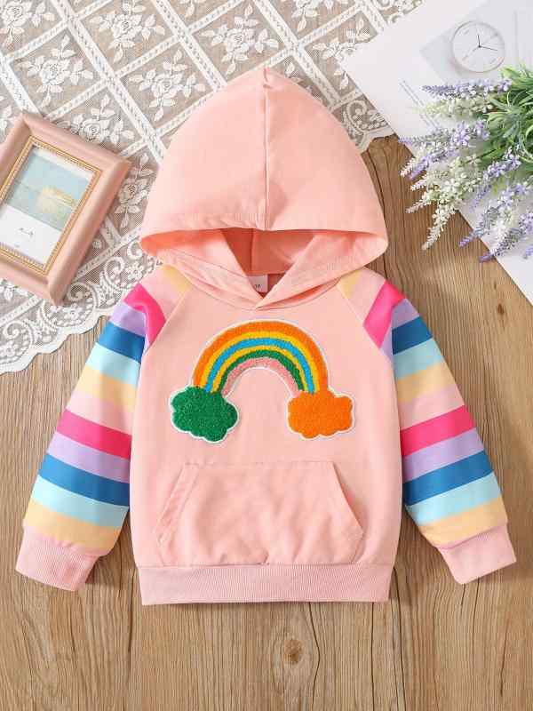 子供服 女の子 パーカー 秋冬 レインボー 刺繍 ストライプ 切り替え 長袖 フード付き トップス アウタ..