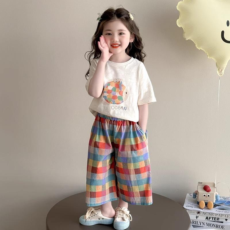 Other - 子供服 女の子 夏物 半袖 パンツ セットアップ 薄手 カジュアル 普段着 格子柄 2点セット