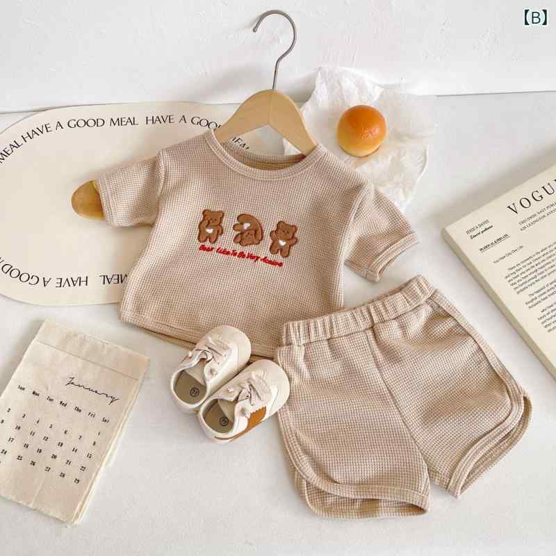 ベビー服 上下セット 半袖短パン ワッフル素材 小熊 刺繍 アイボリー系 カーキ色 赤ちゃん 男の子 女の子 かわいい おしゃれ 普段着 部屋着 コットン