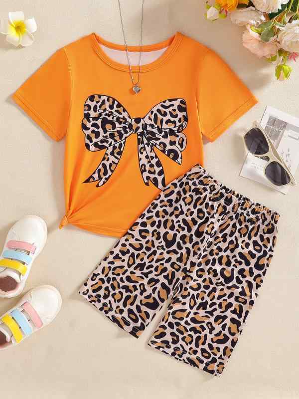 子供用セットアップ パンツセット 女の子 半袖Tシャツ ヒョウ柄ショートパンツ カジュアル 2点セット ポリエステル かわいい ガールズ 幼児 幼稚園 保育園