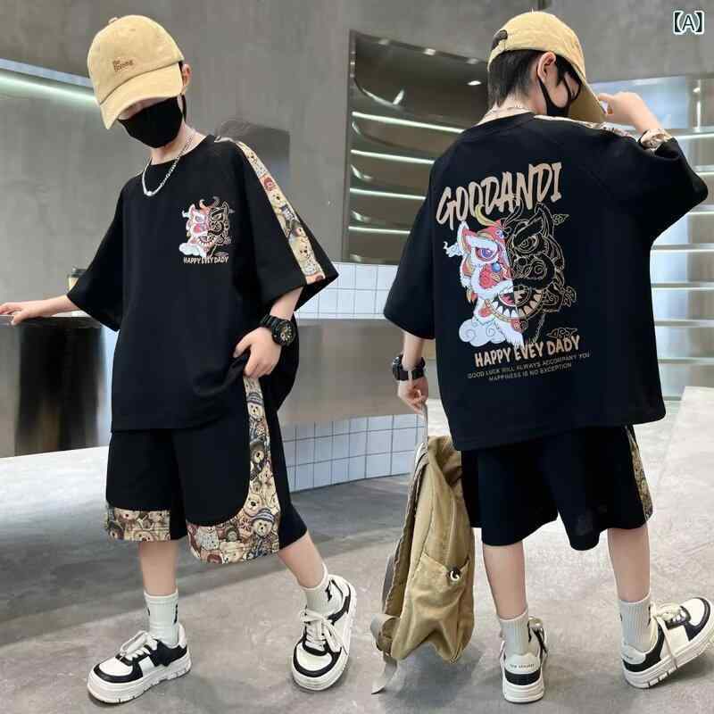 子供用セットアップ 半袖トップス &amp; ハーフパンツ スポーティ 上下セット 男の子 8歳以上 ポリエス..