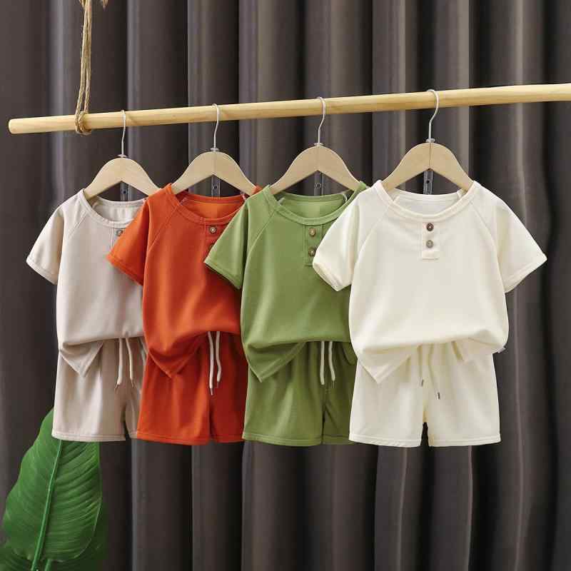 Other - 子供服 半袖短パンセット 男の子 ワッフル ベビー服 上下セット 2点セット 夏服 パジャマ 部屋着 かわいい おしゃれ 通園 通学 保育園 幼稚園