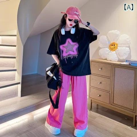 Tシャツ キッズ ガールズ パンツ セットアップ 女の子 夏 半袖 ワイドレッグパンツ 子供 薄手 綿 プリ..