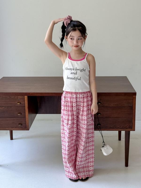 子供用セットアップ 女の子用 ノースリーブトップス チェック柄 ワイドレッグ 蚊よけパンツ 上下2点セット 夏服 綿90% 普段着