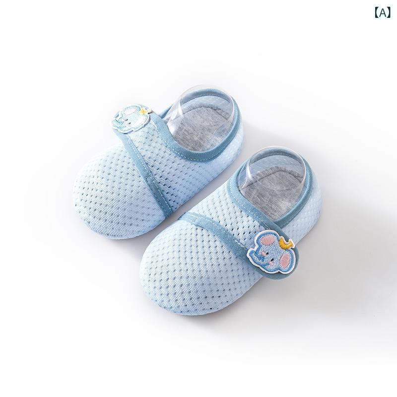 靴下 キッズ ベビー 滑り止め付き 子供用 床 ソックス 夏 薄手 メッシュ 通気性 柔らかい 靴下タイプ 0歳 1歳 2歳 3歳 4歳 ブルー 象 ペンギン グレー 小熊 イエロー 猫 黄色 アヒル グリーン カエル ピンク ウサギ 豚 ポリエステル