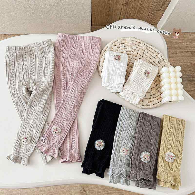 子供服 レギンス 春秋 女の子 ベビー 九分丈 パンツ かわいい レース 小熊 綿75% 80 90 100 110 120 13..