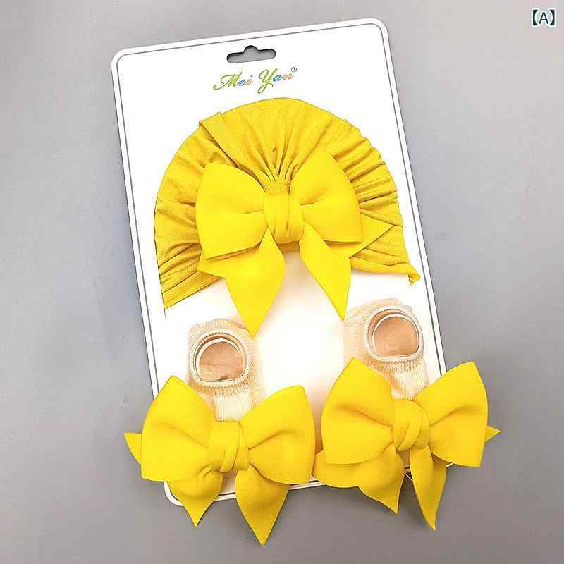 ベビー 靴下 セット 幼児 滑り止め付き ソックス + 帽子 2点 セット 新生児 女の子 赤ちゃん かわいい 蝶結び コットン 通気性 吸汗 短筒 春夏 秋冬 イエロー ピンク グレー