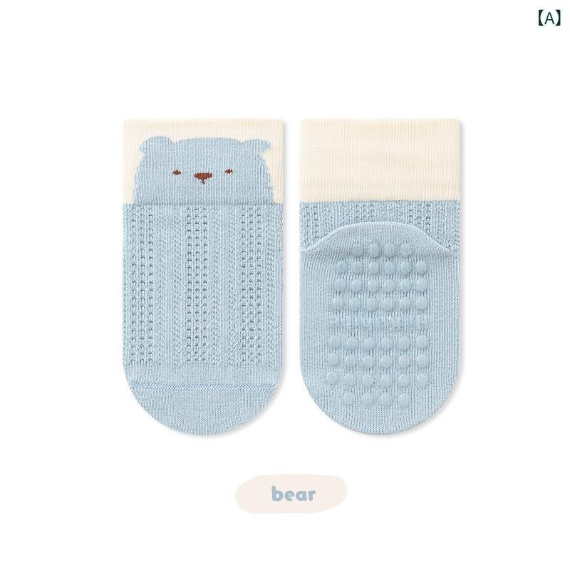 靴下 キッズ 薄手 メッシュ 通気性 子供 中筒丈 ソックス かわいい アニマル 無地 滑り止め付き S M L 精梳綿 春夏