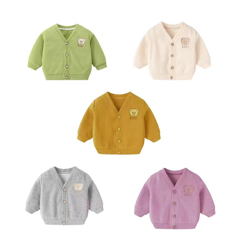 ベビー服 男女兼用 アウター 春秋 薄手 ベビー ジャケット 小熊 刺繍 カーディガン かわいい 韓国風 ピュアカラー お出かけ着 73 80 90 100cm 綿 ポリエステル ミルキーホワイト グレー イエロー ピンク グリーン