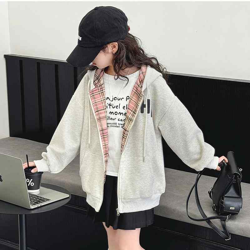 キッズ 女の子 アウター ジャケット 韓国風 グレー 格子柄 切り替え フード付き ジャンパー 羽織り 長袖 普段使い