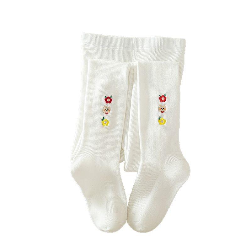 子供用レギンス 女の子 刺繡入り小花柄 ストライプ コットン タイツ 春秋 かわいい ガールズ ベビー スパッツ