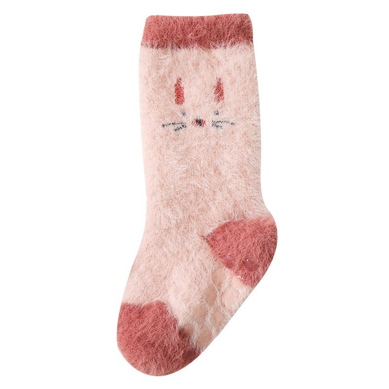 靴下 ベビー キッズ 秋冬 加厚 コーラル フリース 暖かい 滑り止め付き 子供用 フロアソックス 中筒丈 かわいい 小さなウサギ柄 Aクラス