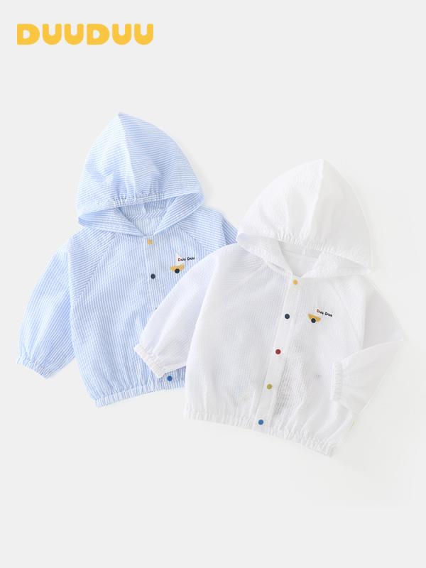 ・性別: 男女兼用・対象年齢: 幼児(1-3歳)・生地: 梭織・素材: 綿65%、ポリエステル35%・色: 白、青・サイズ: 80cm, 90cm, 100cm, 110cm, 120cm・帽子: 有り（取り外し不可）・機能: 紫外線防止・対象年齢: 婴幼童(1~3岁，80~100cm)