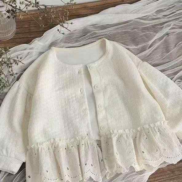 Cardigans - 子供服 ジャケット 女の子 春物 ベビー服 カーディガン 長袖 チェック柄 切り替え レース かわいい アウター トップス 80cm 90cm 100cm 110cm 120cm 130cm 140cm