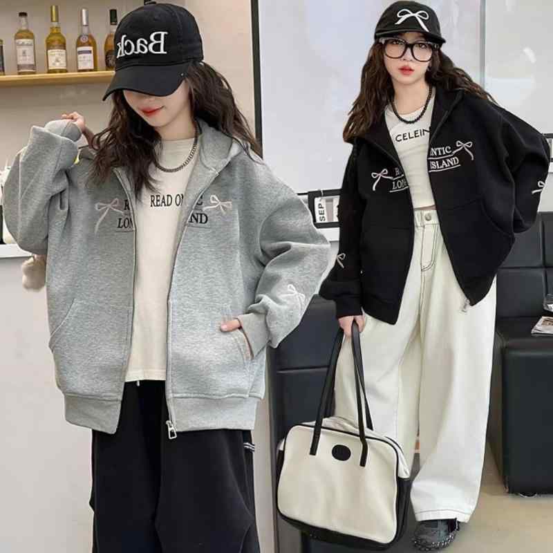 キッズ 女の子 アウター ジップアップ パーカー フード付き カーディガン 春秋 トップス 通学 普段使い かわいい バタフライ プリント 綿混紡 グレー 黒 100cm 110cm 120cm 130cm 140cm 150cm 160cm 170cm
