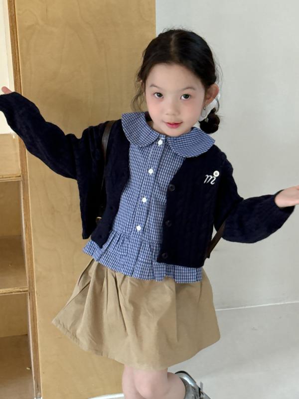 Cardigans - 子供服 ニット カーディガン 女の子 ベビー ケーブル編み 刺繍 Vネック コットン アウター 紺色