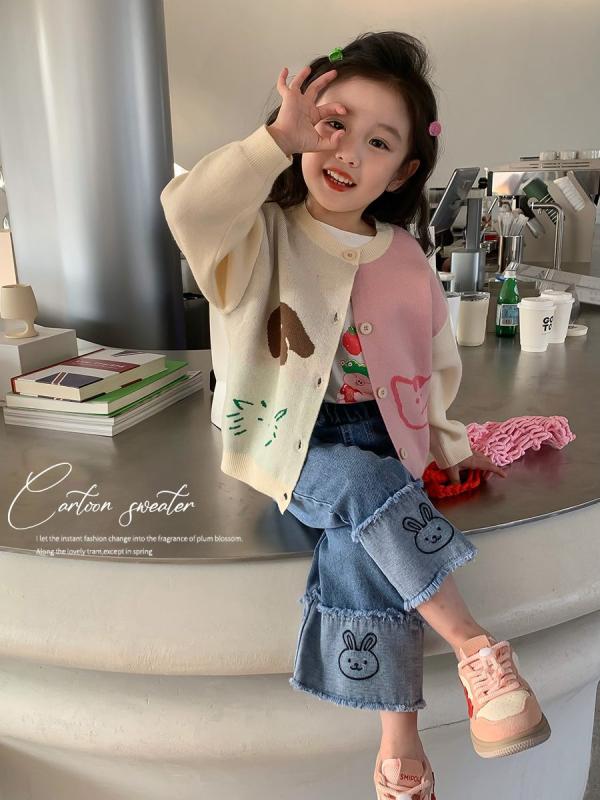 Cardigans - ニット・セーター キッズ 女の子 カーディガン 韓国風 子供服 デザイン かわいい ボタン付き 丸首 トップス 長袖 秋冬 厚手 90 100 110 120 130 140 150 160 ホワイト