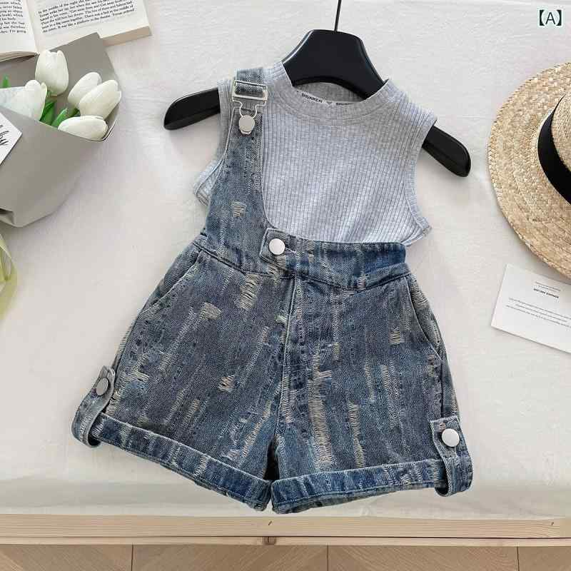 キッズ 女の子 デニムセットアップ 半袖トップス ショートパンツ 上下2点セット 薄...