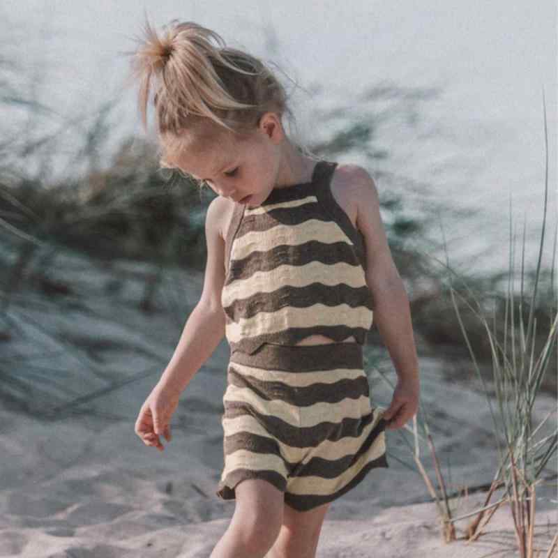 ベビー服 上下セット 薄手 ストライプ柄 ニット サマーニット タンクトップ ショートパンツ 赤ちゃん ..