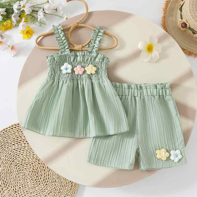 子供服 女の子 夏物 上下セット 花柄レース ノースリーブ トップス ショートパンツ ベビー 幼児 薄手 ..